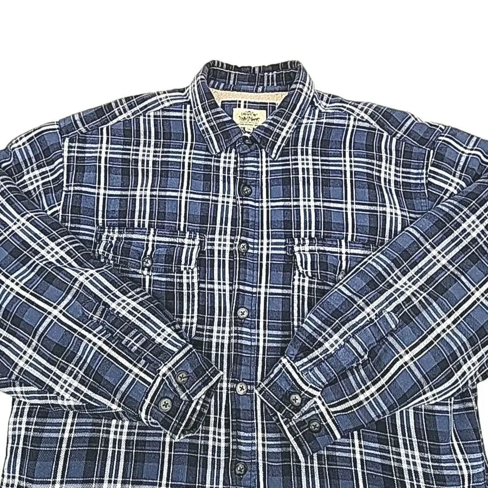 Levi's Flannel Shirt Jacket Blue Plaid Sherpa Lined Men Sz XL Button Pocket